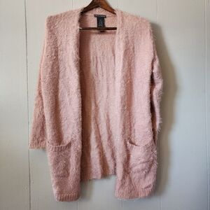 Chelsea & Theodore Pink Fuzzy Cardigan Open Front Pink Pockets M